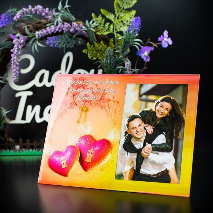 Cadou personalizat Rama foto sticla cu mesaj Te iubesc