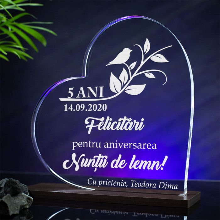Trofeu Aniversare casatorie 5 ani, Nunta de lemn, Cadou personalizat Inima