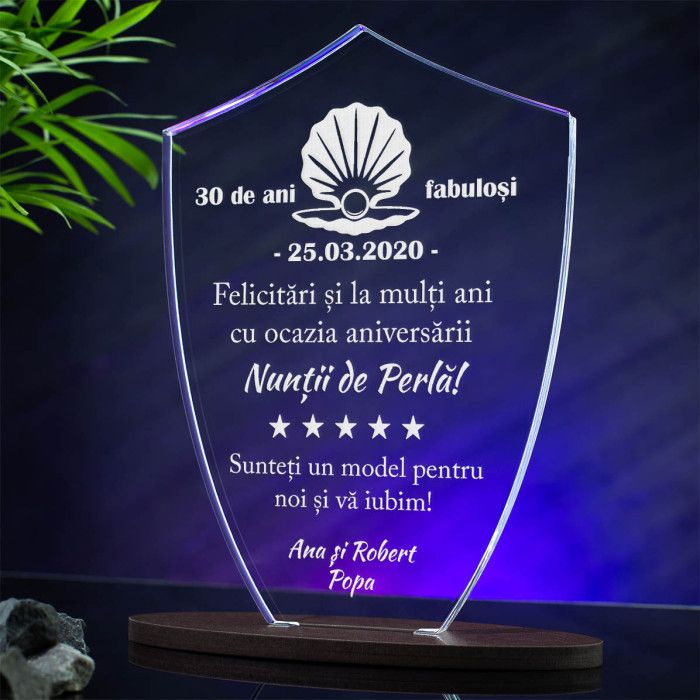 Trofeu Aniversare 30 ani, Nunta de perla, Cadou personalizat Scut